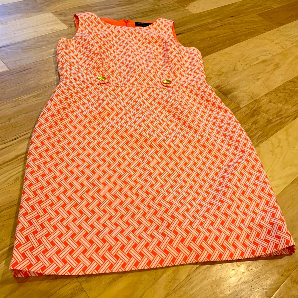 Tahari-Levine orange and white “belted” dress with small slit size 14 zip up